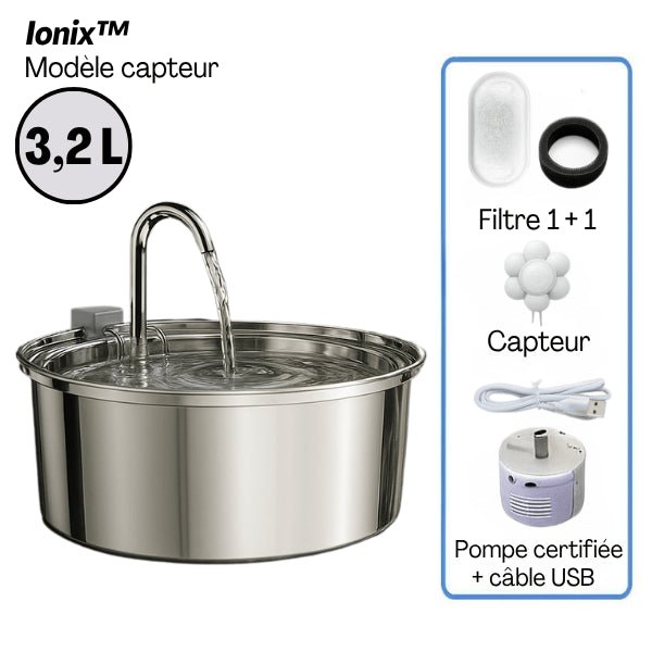 Fontaine en inox à robinet continu 3,2 L en pack capteur avec filtres et pompe USB certifiée inclus - Ionix™