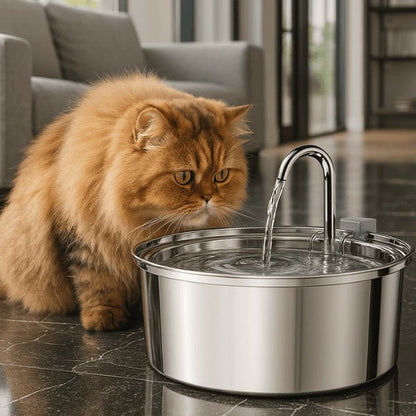 Le chat préfère boire à l'eau en continue de la fontaine à eau chat en inox à robinet - Ionix™