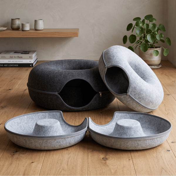 Chat niche démontable avec fermeture éclair en feutre gris clair ou foncé facile à ouvrir