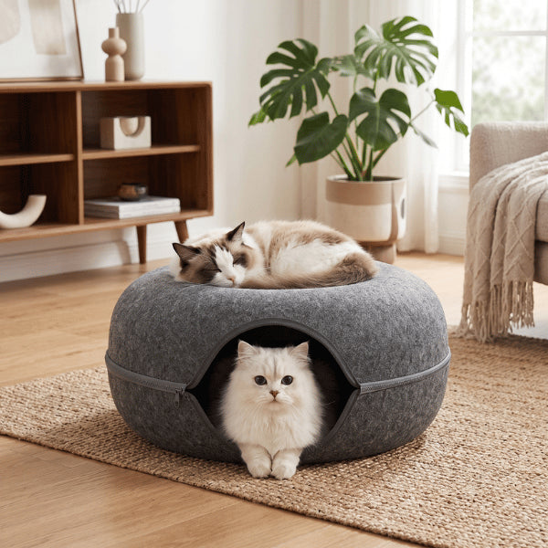 Chat niche 2en1 accueillant un chat dessus et un autre dans la cachette