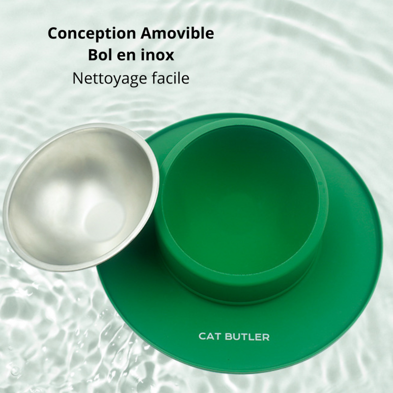 Gamelle chat anti débordement 2 en 1 vert ronde silicone avec bol amovible inox rond - Bowl Clean™