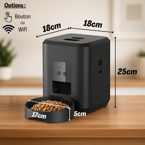 Dimensions distributeur de croquettes pour chat wifi ou bouton noir 18x18x25 cm bol large 17x5 cm CroqTech­™