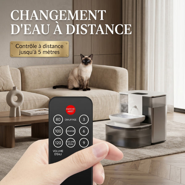 Distributeur à eau pour chat programmable facilement grâce à une télécommande jusqu'à cinq mètres