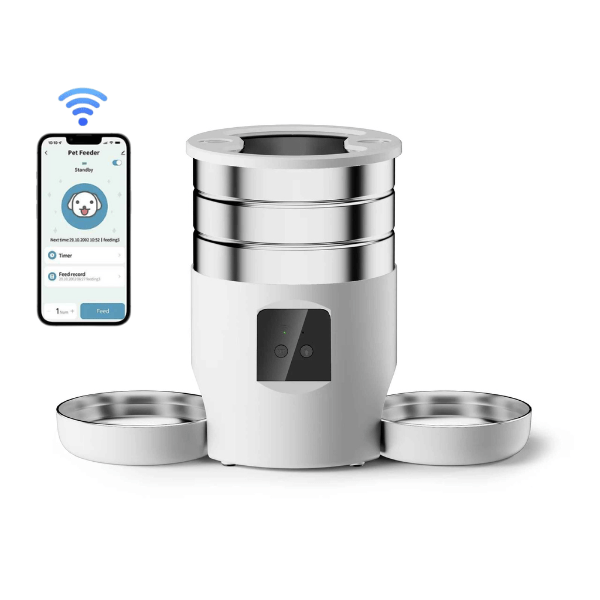 Distributeur automatique croquettes chat wifi 2 bols inox blanc - FeederWifi™