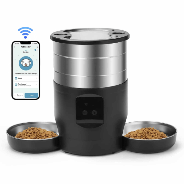 Distributeur automatique croquettes chat wifi 2 bols inox noir - FeederWifi™