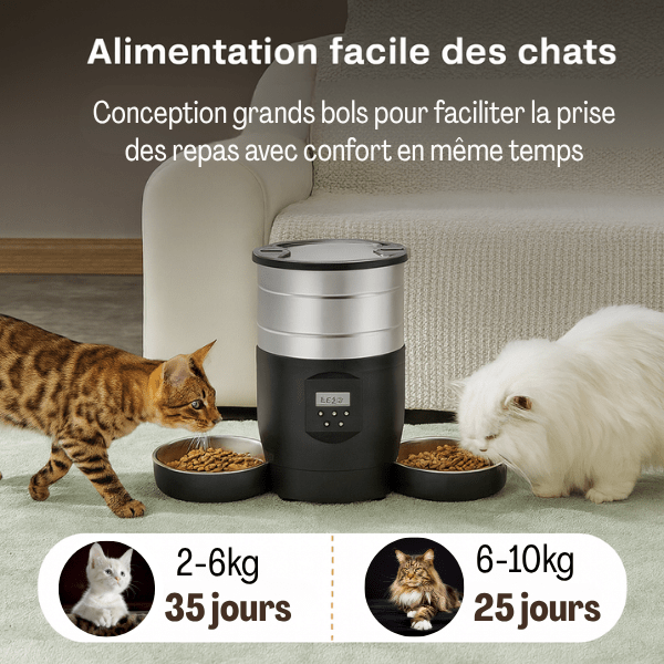 Distributeur automatique croquettes pour deux chat facilement grande capacité 2 bols inox - FeederWifi™