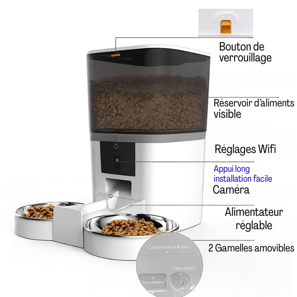 Distributeur croquette chat automatique caméra 2 bols inox wifi commande vocal - Station FullControl™
