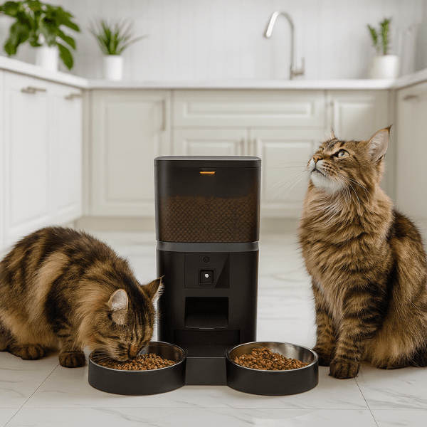 Distributeur croquette chat automatique  wifi camera 2 bols 4 L 2 chats mangent dans cuisine - Station FullControl™