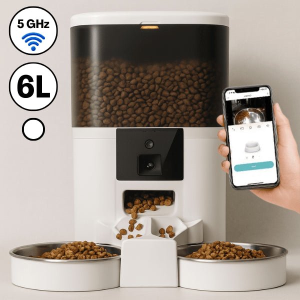 Distributeur croquette chat automatique connecté blanc 6 L 2 bols 5 GHz