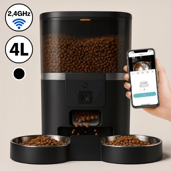 Distributeur croquette chat automatique connecté noir 4 L 2 bols 2,4 GHz