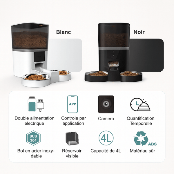 Distributeur croquette chat automatique double alimentation capacité 4L camera bol inox application wifi - Station FullControl™
