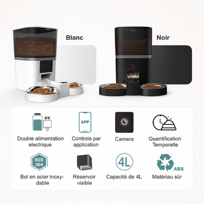 Distributeur croquette chat automatique double alimentation capacité 4L camera bol inox application wifi - Station FullControl™