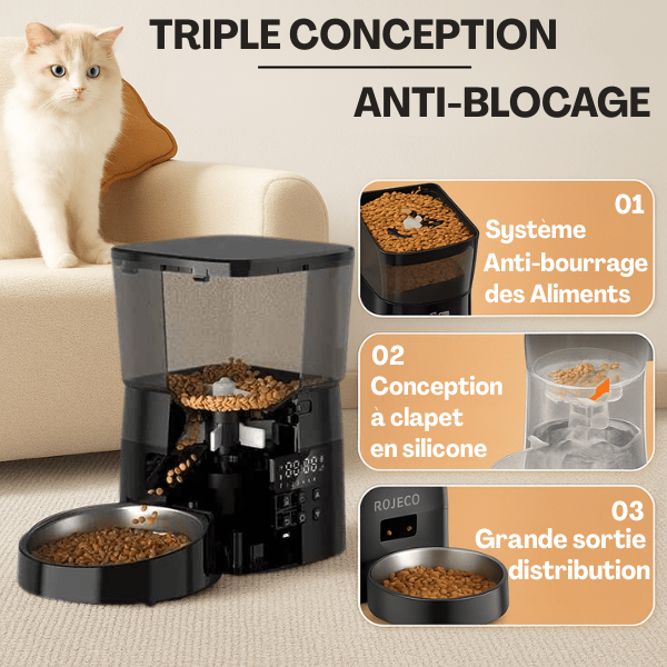 Distributeur croquette chat automatique triple conception anti blocage