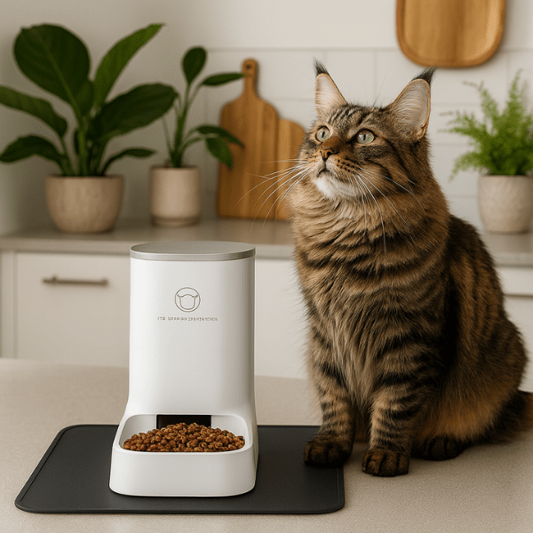 Distributeur croquettes chat dans cuisine sur tapis antidérapant avec maine coon DesignFeed™