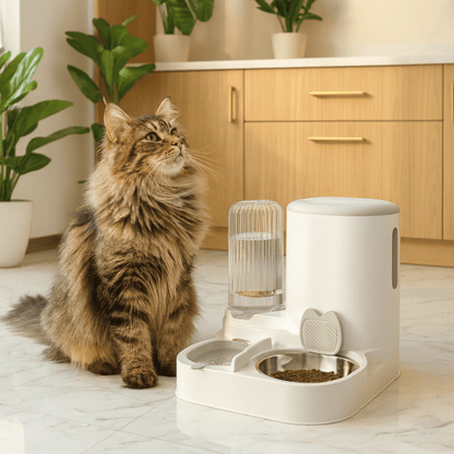 Distributeur croquettes chat et eau automatique 2en1 gris maine coon cuisine - LuxeBowl™