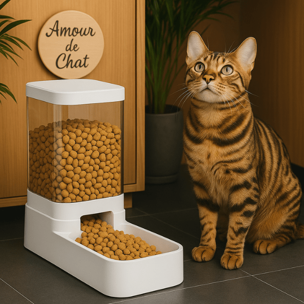 Distributeur croquettes chat gravitaire sans électricité présentation avec chat dans cuisine Essentiel Félin™
