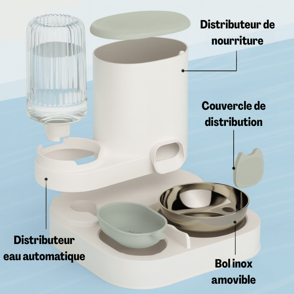 Distributeur croquettes eau chat complet 2en1 automatique simple bol inox - LuxeBowl™