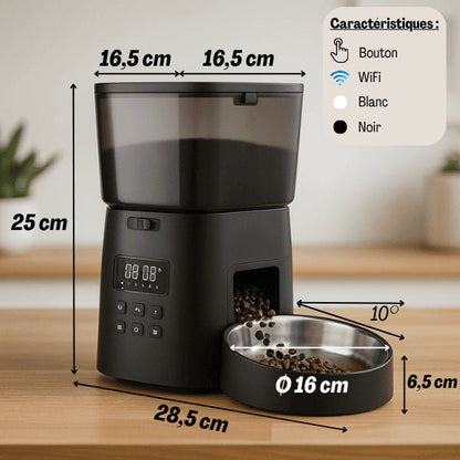Distributeur croquettes pour chat programmable noir bouton wifi choix couleurs dimensions