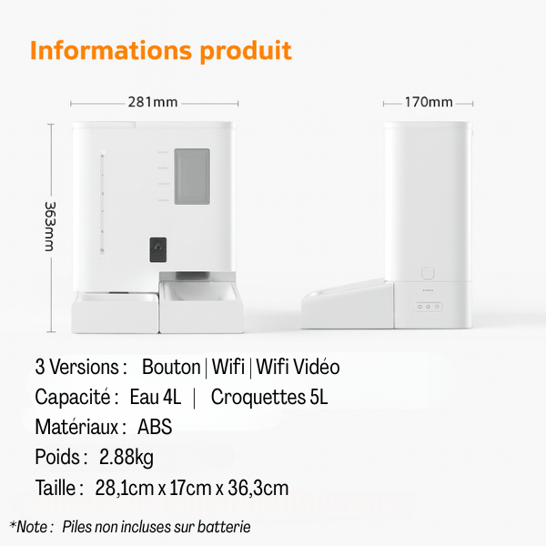 Distributeur de croquettes chat 5 L automatique eau 4 L 2en1 complet informations produits - FullFeeder™