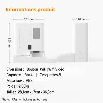 Distributeur de croquettes chat 5 L automatique eau 4 L 2en1 complet informations produits - FullFeeder™