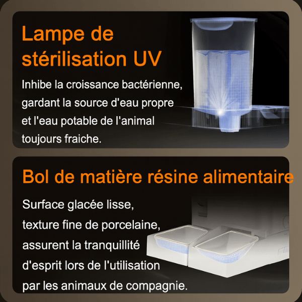 Distributeur de croquettes chat automatique eau filtrée lampe UV stérilisation 2 bols résine - FullFeeder™