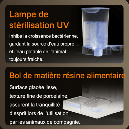 Distributeur de croquettes chat automatique eau filtrée lampe UV stérilisation 2 bols résine - FullFeeder™