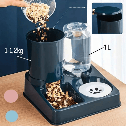 Distributeur de croquettes chat capacité plusieurs jours aliments 1,2 kg et eau 1 L - Station2en1™