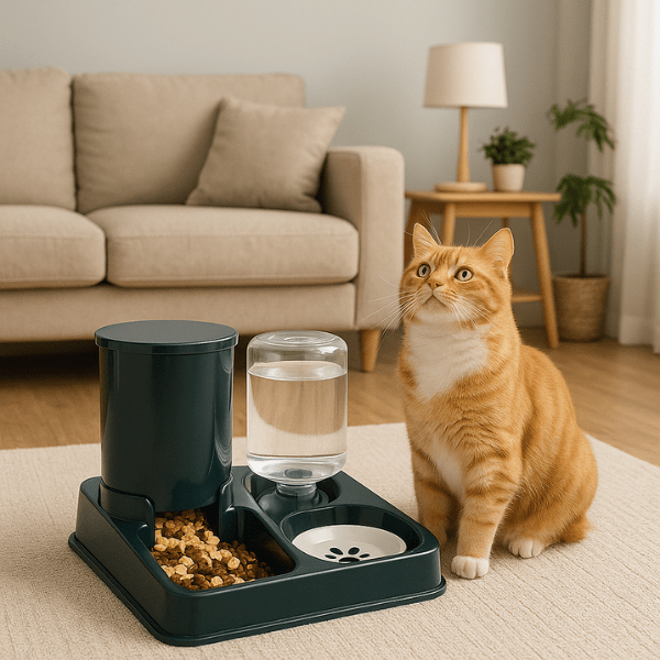 Distributeur de croquettes chat et eau pratique chat salon attend repas - Station2en1™