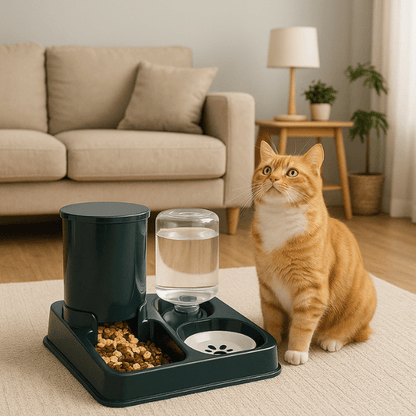 Distributeur de croquettes chat et eau pratique chat salon attend repas - Station2en1™