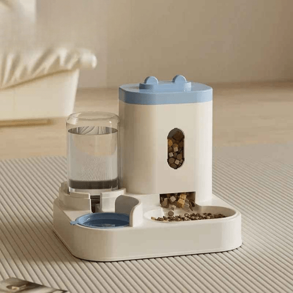 Distributeur de croquettes pour chat 2en1 compact gravitaire eau aliment bleu - AutoCroq™
