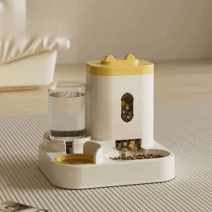 Distributeur de croquettes pour chat 2en1 compact gravitaire eau aliment jaune - AutoCroq™