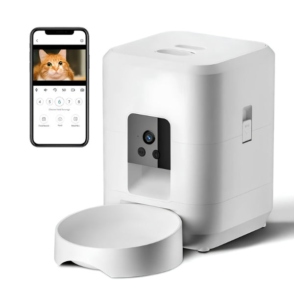 Distributeur de croquettes pour chat automatique caméra noir surveillance repas pendant les absences