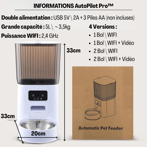 Distributeur de croquettes pour chat wifi double alimentation 1 ou 2 bols dimensions - AutoPilot Pro™