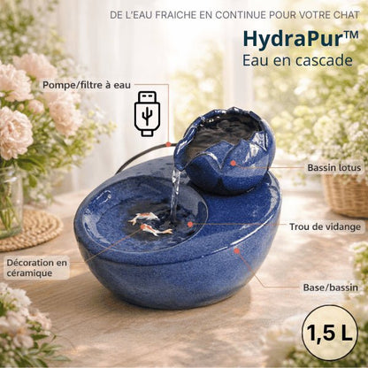 Distributeur eau chat en céramique bleu avec bassin lotus, pompe filtrée USB et capacité 1,5 litres – HydraPur™