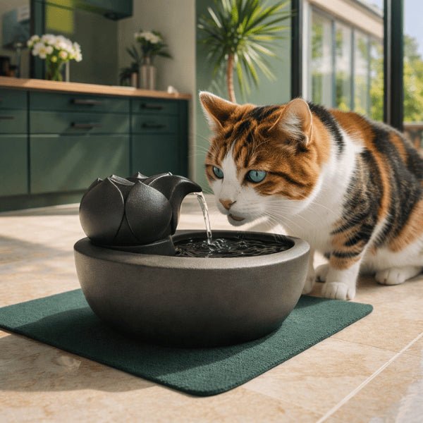 Chat tigré buvant dans un distributeur eau chat en céramique noir mat avec jet  doux en cascade – HydraPur™
