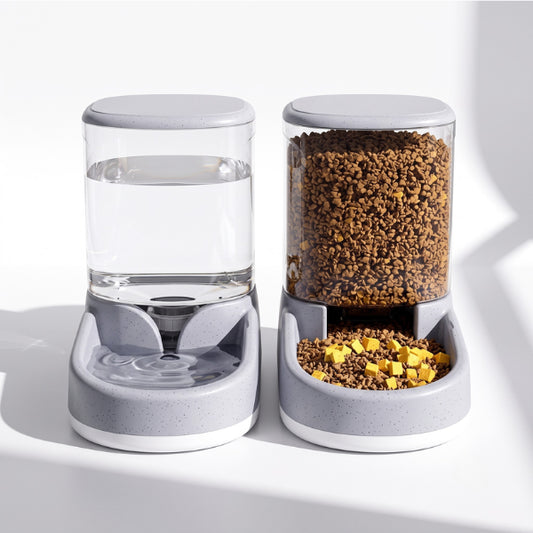 Distributeur eau croquette chat gris avec double réservoir gravitaire grande capacité indépendante