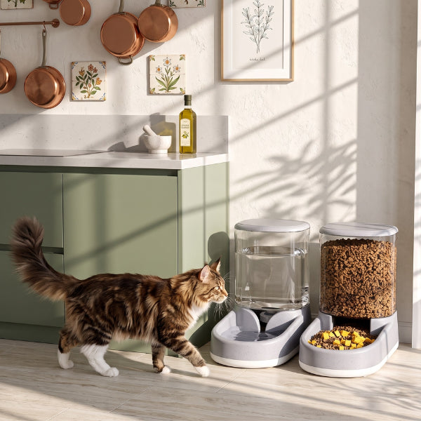 Distributeur eau croquette chat avec réservoirs séparés limitant mélange entre eau et alimentation