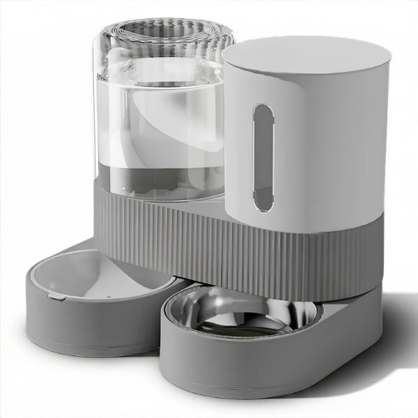 Distributeur eau et croquette chat gris avec bol inox et réservoir transparent gravitaire