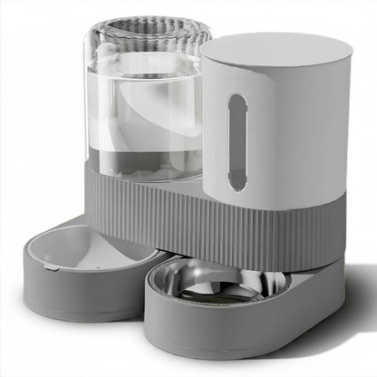 Distributeur eau et croquette chat gris avec bol inox et réservoir transparent gravitaire