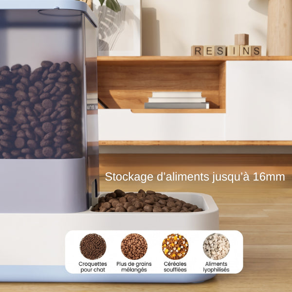 Distributeur eau et croquettes pour chat compatible croquettes jusqu'à 16 mm sans blocage