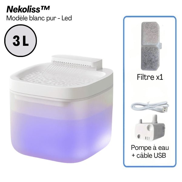 Fontaine à eau pour chat multi-jets stimulants blanche lumineuse 3 L filtre et pompe USB inclus