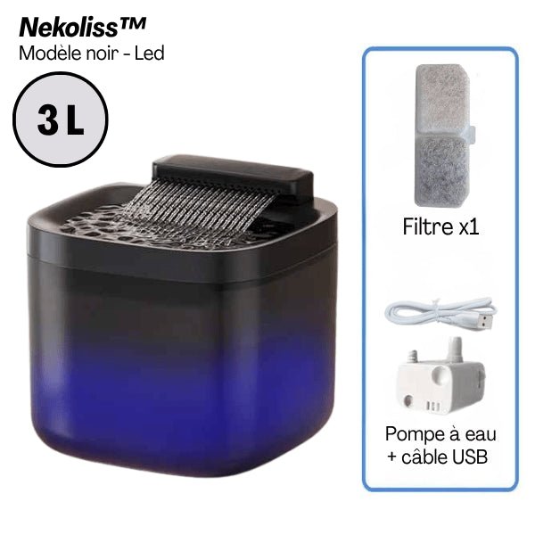 Fontaine à eau pour chat multi-jets stimulants noire lumineuse 3 L filtre et pompe USB inclus