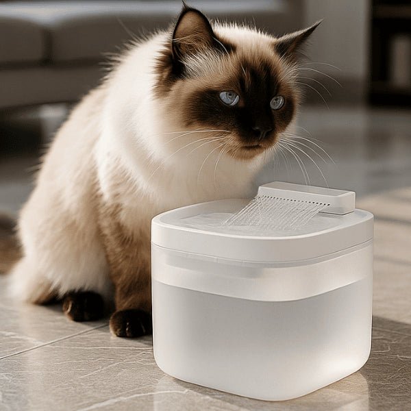 Chat siamois attiré par les jets stimulants en mouvement de la fontaine à eau pour chat
