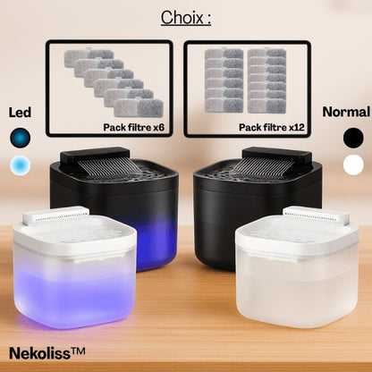 Fontaine à eau pour chat multi-jets stimulants deux coloris et lumineuse avec pack filtres