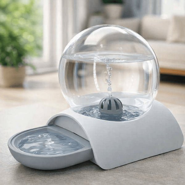 Distributeur eau pour chat sans fil et sans filtre gris au design simple favorisant une hydratation continue
