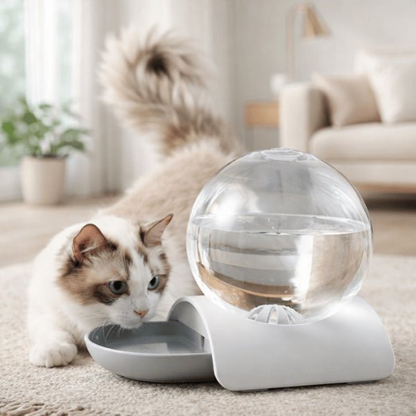 Chat utilisant un distributeur eau pour chat sans fil et sans filtre offrant une hydratation continue au quotidien
