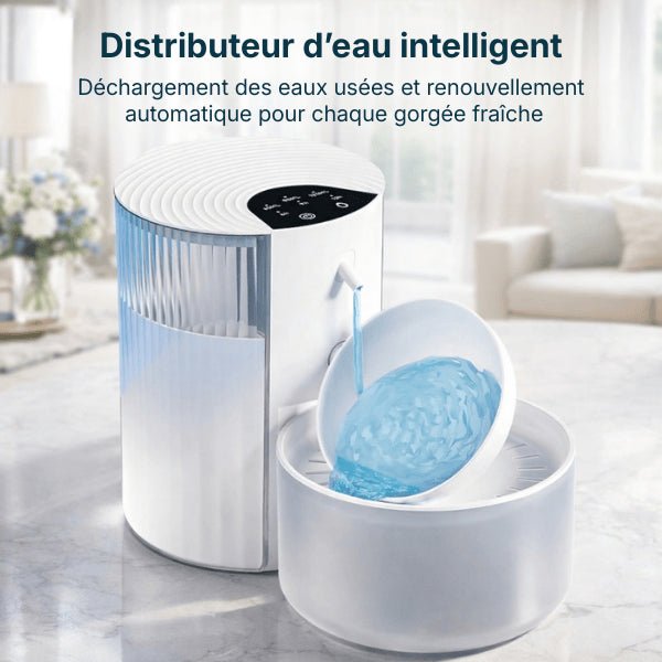 Distributeur eau pour chat vidant et renouvelant l’eau automatiquement