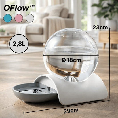 Distributeur eau pour chat sans électricité et sans filtre avec dimensions détaillées capacité 2,8 L 3 couleurs au choix
