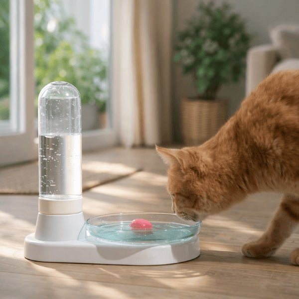 Chat utilisant un distributeur d’eau pour chat sans électricité à filtre permanent assurant une hydratation continue