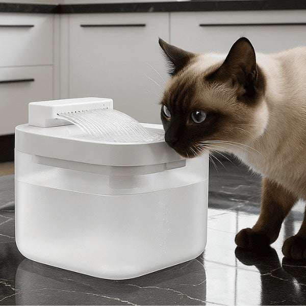Siamois qui se dirige vers les jets stimulants de la fontaine à eau pour chat